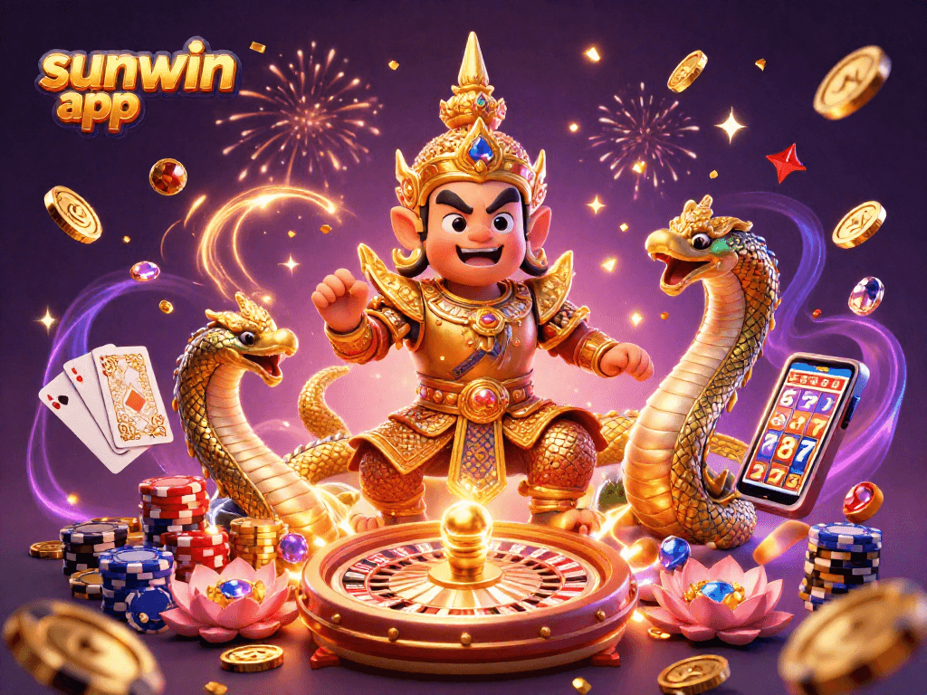 Experience the excitement of the sunwin app with vibrant 3D casino elements celebrating wins and gameplay.