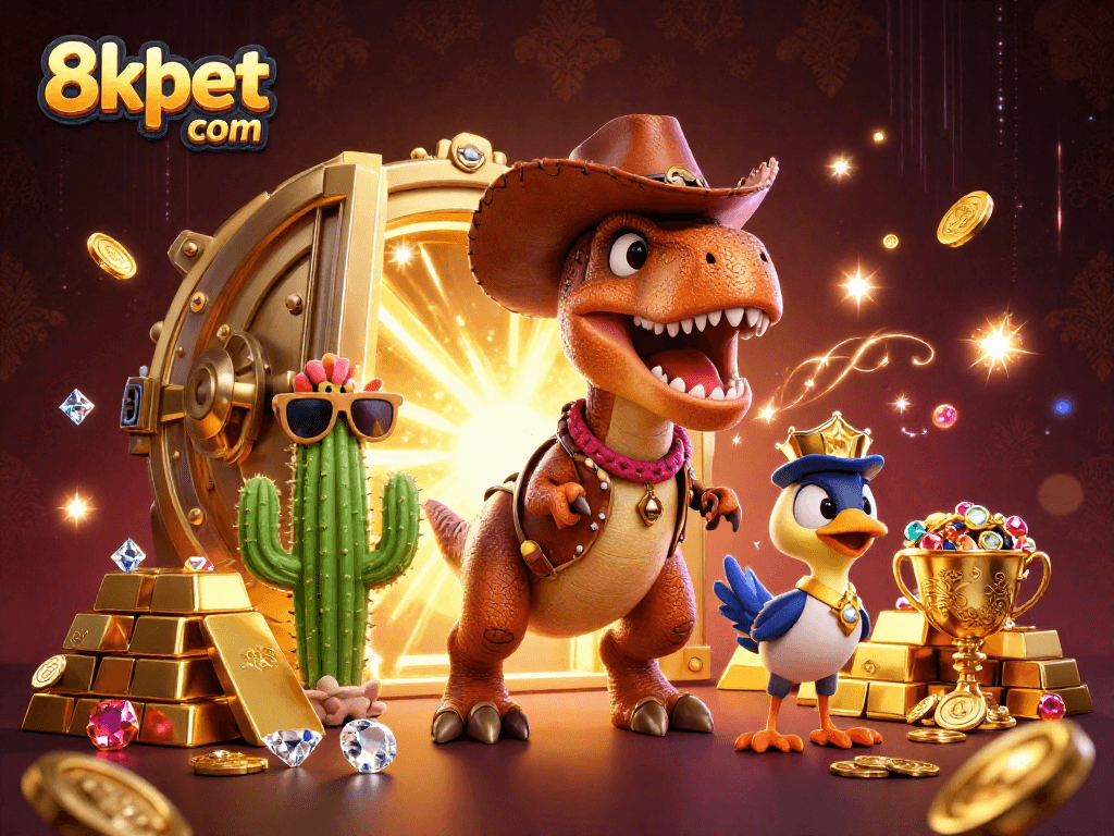 Win big at 8xbet com with thrilling 3D cartoon gaming illustration showcasing cowboys and riches.