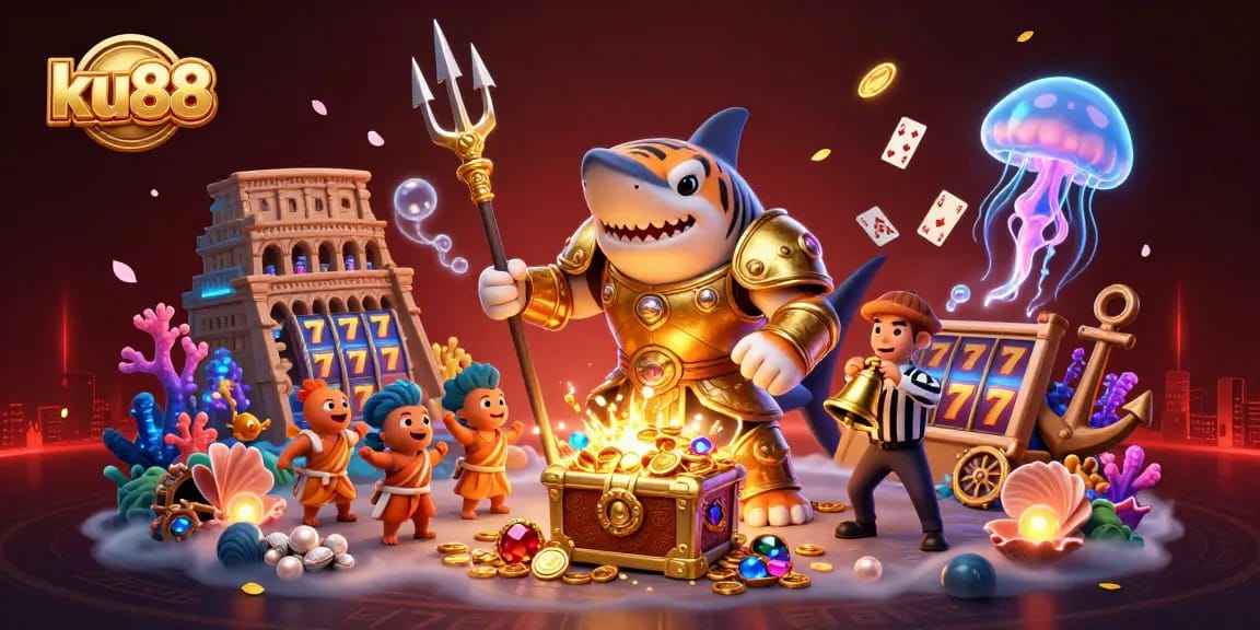 ku88's vibrant underwater casino scene with a trident-wielding tiger shark and dynamic slot elements.