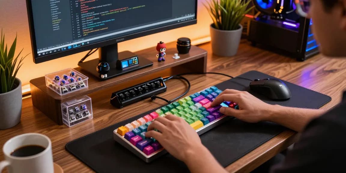 A vibrant workspace featuring a custom 68 Keyboard with colorful keycaps and a dedicated typing enthusiast.