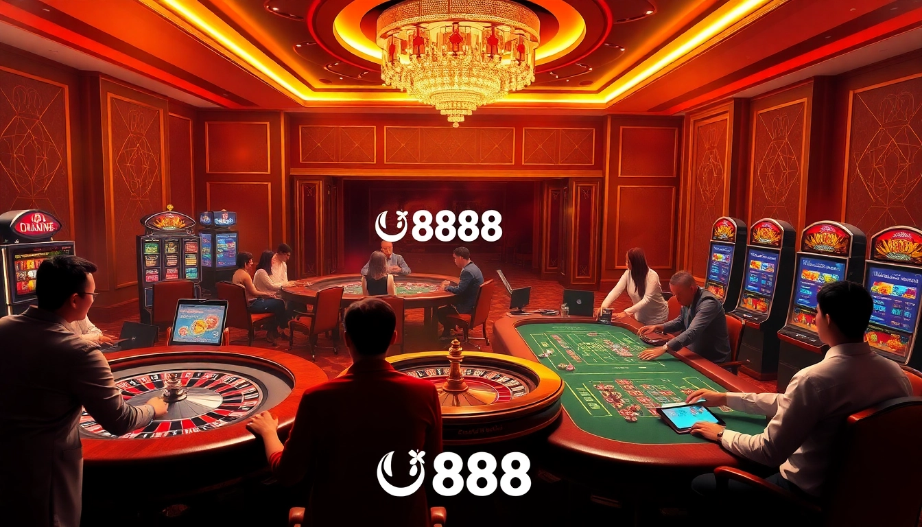 Experience the thrill at Nhà cái U888 with vibrant casino elements like roulette wheels and poker tables.