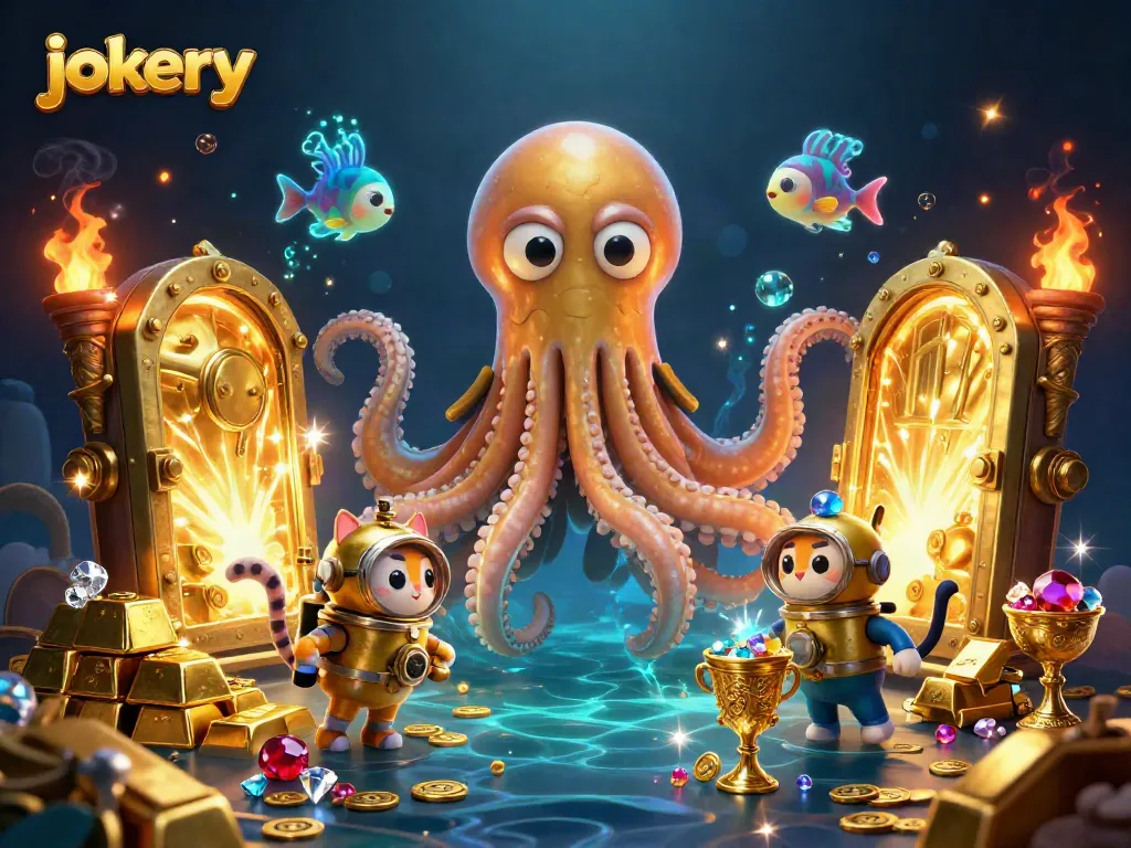 Experience the thrill of jokery with a vibrant treasure scene featuring a kraken and diving cat.