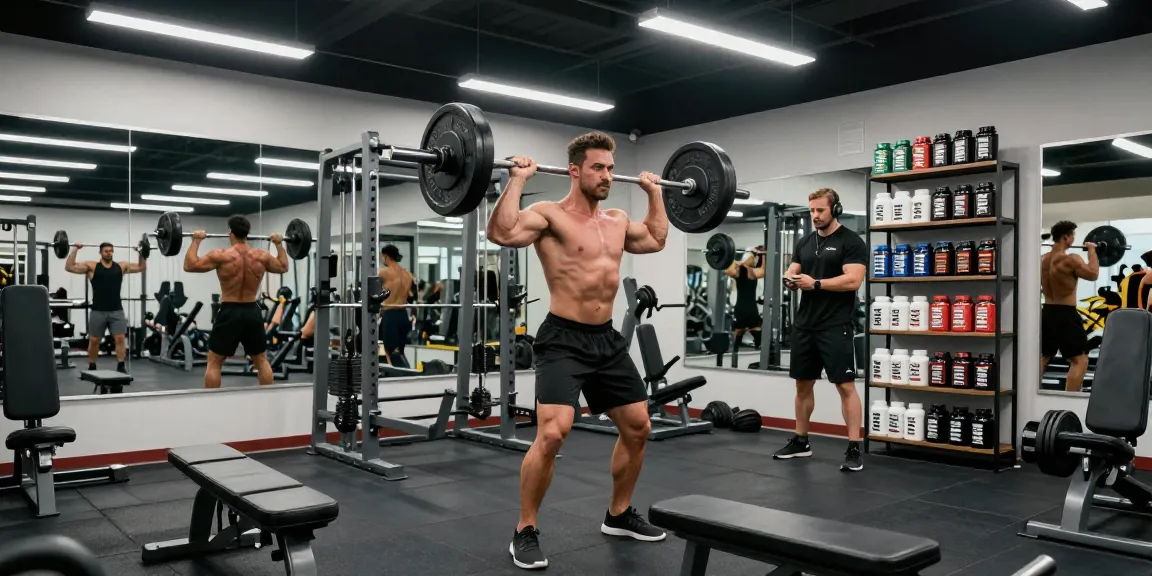 Prime Pharma Shop: Fitnessstudio mit Bodybuilder, der Gewichte hebt und Prime Pharma Produkte präsentiert.