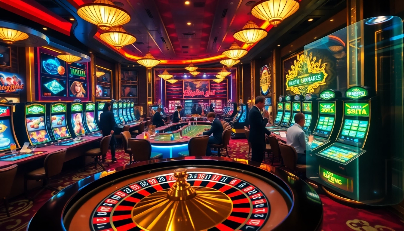 Experience the thrill at https://rr88a.us.com/ as players engage in high-stakes poker surrounded by vibrant casino elements.