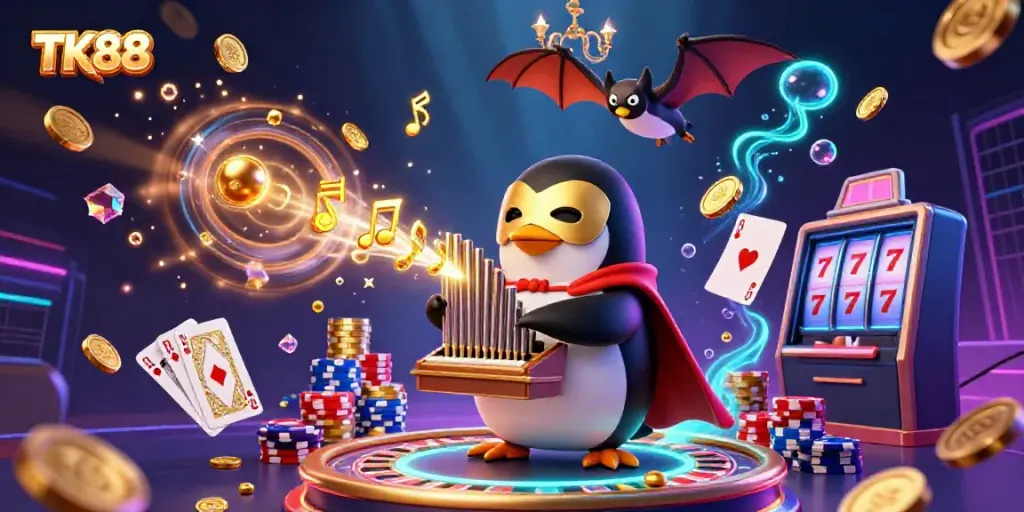 TK88 casino scene showcasing a cartoon penguin playing an organ of golden coins in a vibrant, dynamic atmosphere.