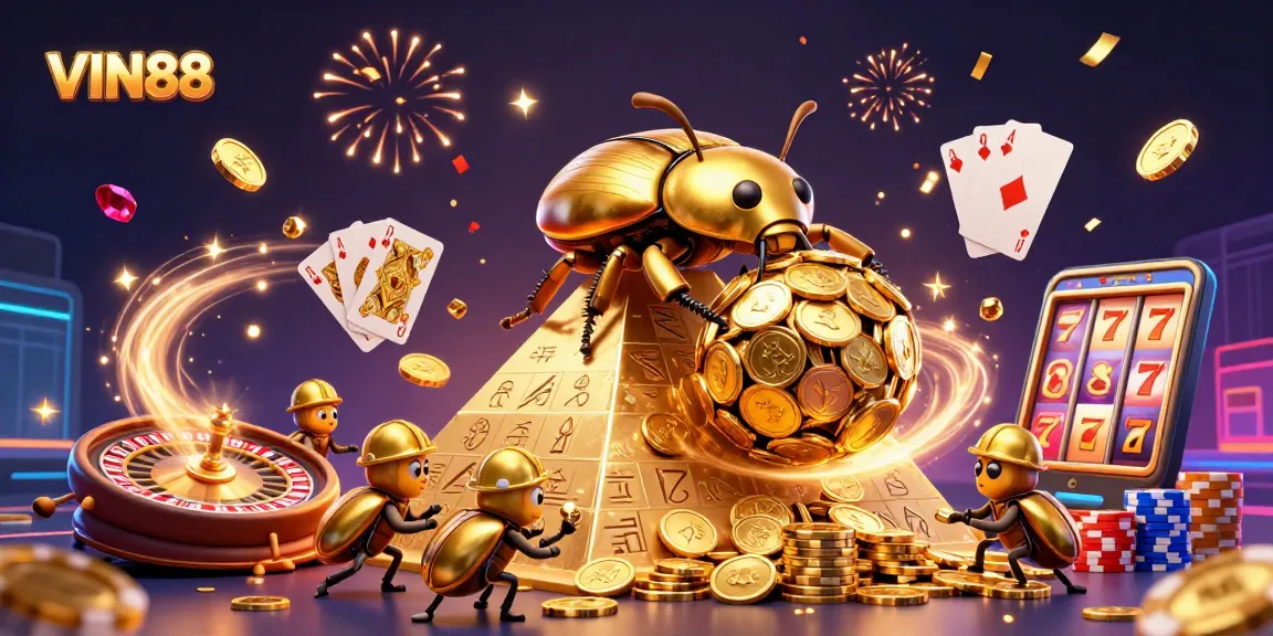 Experience the thrill of VIN88 as golden beetles roll coins to win big in a vibrant casino world.