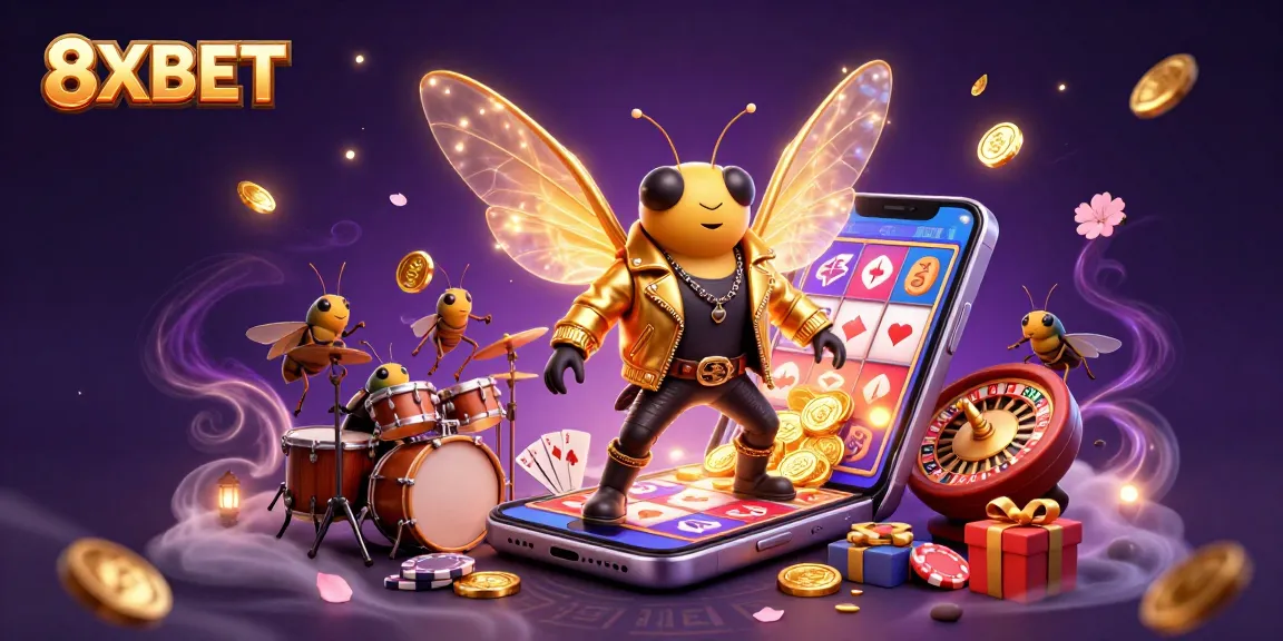 Experience exciting casino fun with 8XBET and vibrant characters amidst colorful gambling elements.