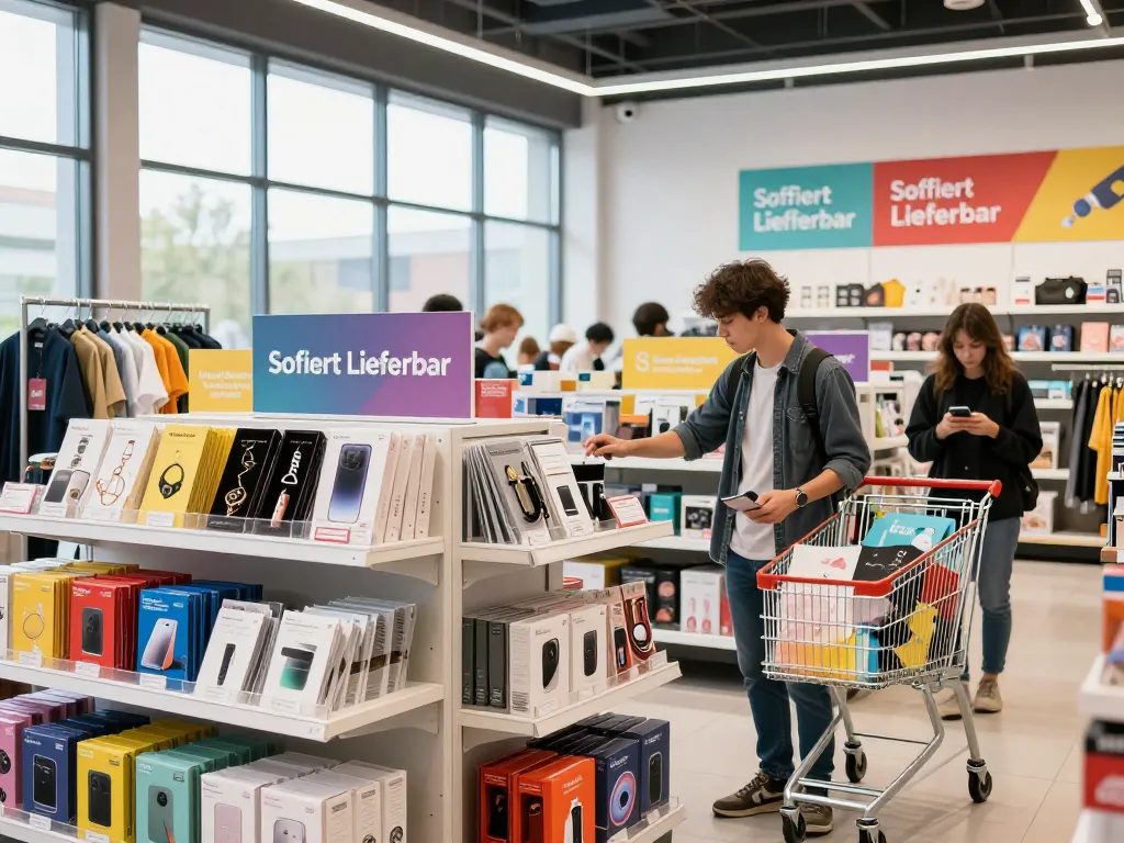 Einkaufszene mit stilvollen, als Sofort Lieferbar gekennzeichneten Produkten in einer modernen Einzelhandelsumgebung.