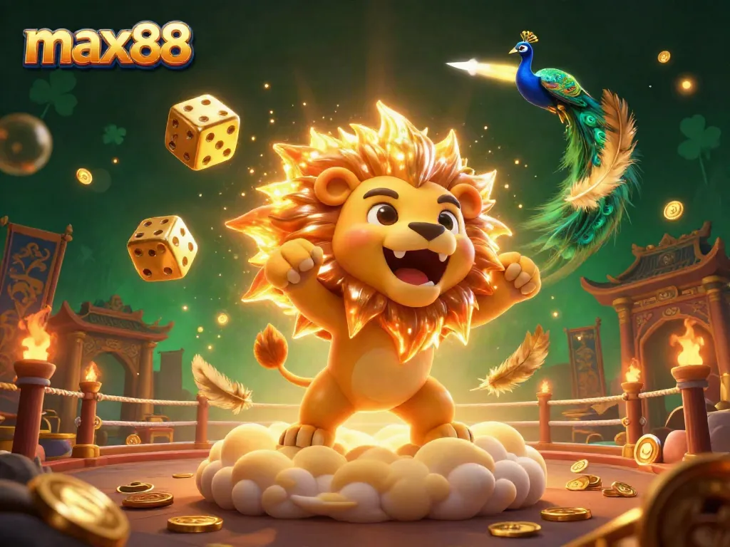 Max88 offers a vibrant casino scene, showcasing thrilling gameplay with a sun lion and golden dice.