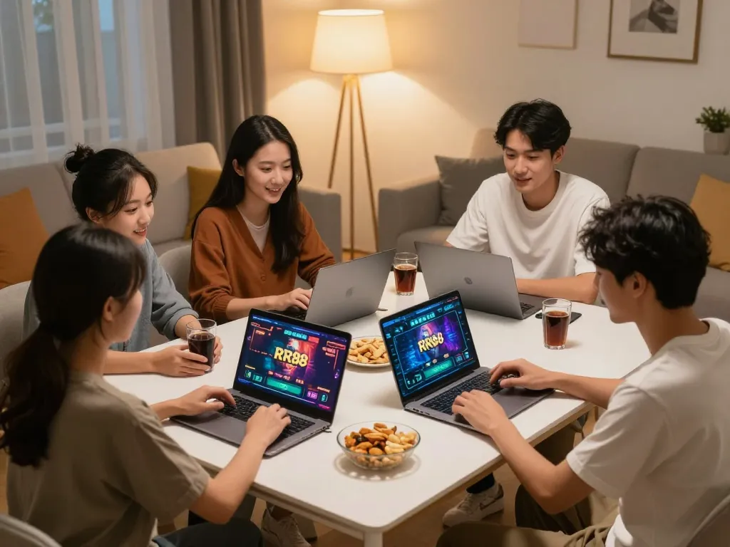 Group enjoying online gaming on RR88 app at home with laptops and snacks.