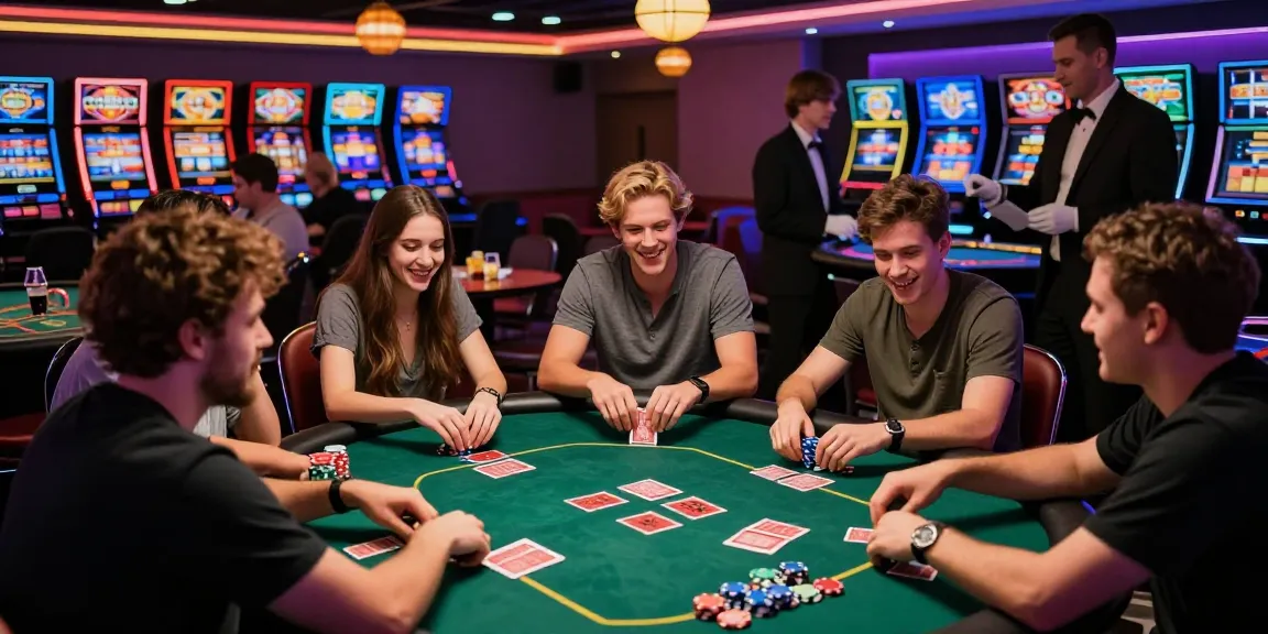 Friends enjoying FAFA828 poker game in a vibrant casino atmosphere