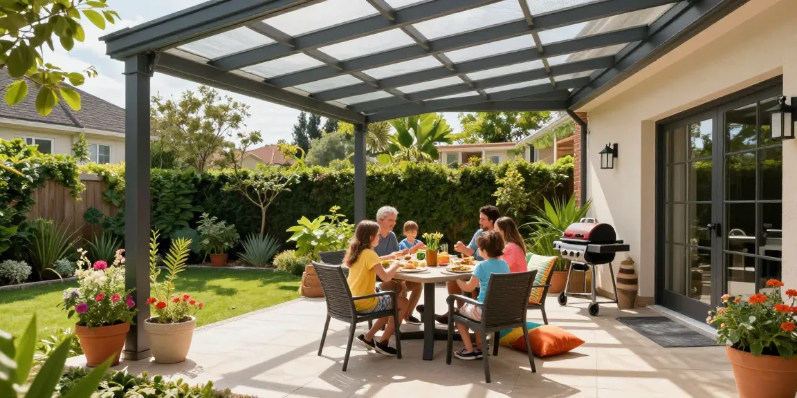 Moderne Terrassenüberdachungen schaffen einen einladenden Gartenbereich für Familienfeiern.