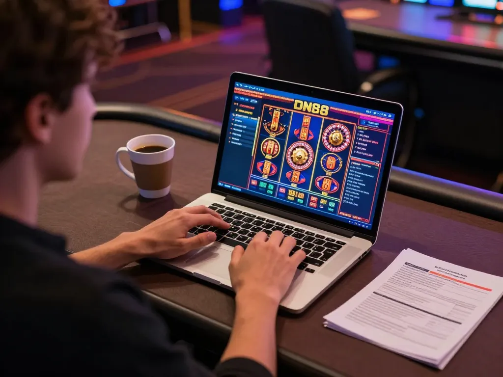 Enjoying dynamic gameplay at DN88 online casino on a laptop with strategic notes nearby.