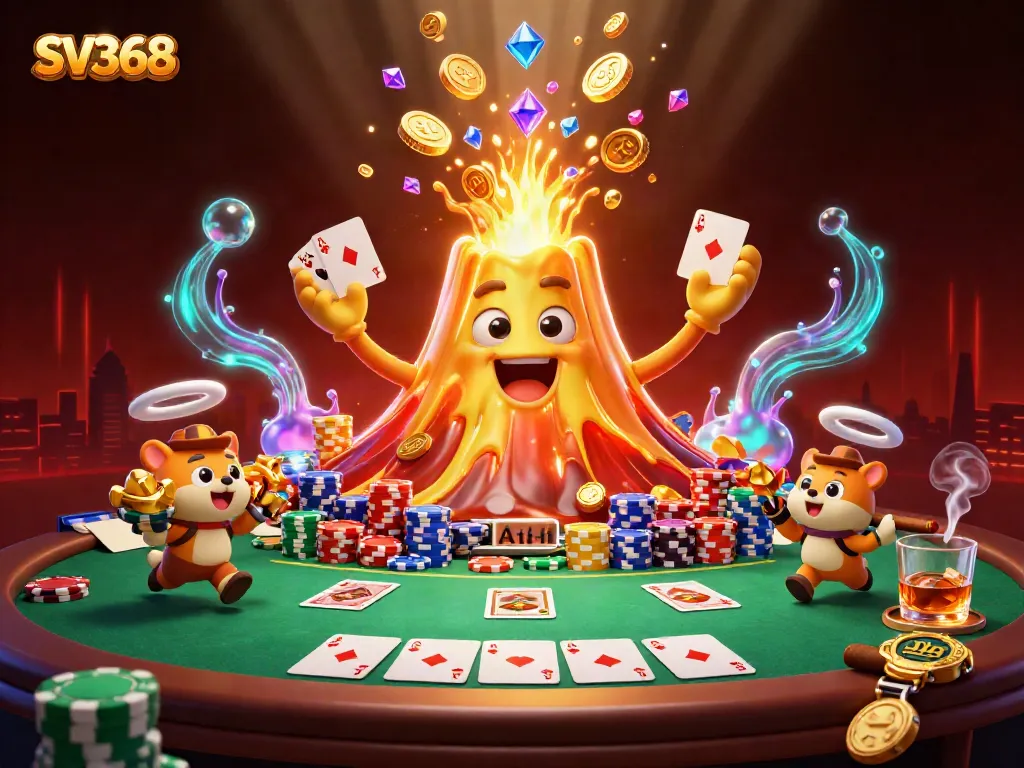SV368 features a golden volcano erupting coins and gems while animals escape with treasures in a casino-themed scene.