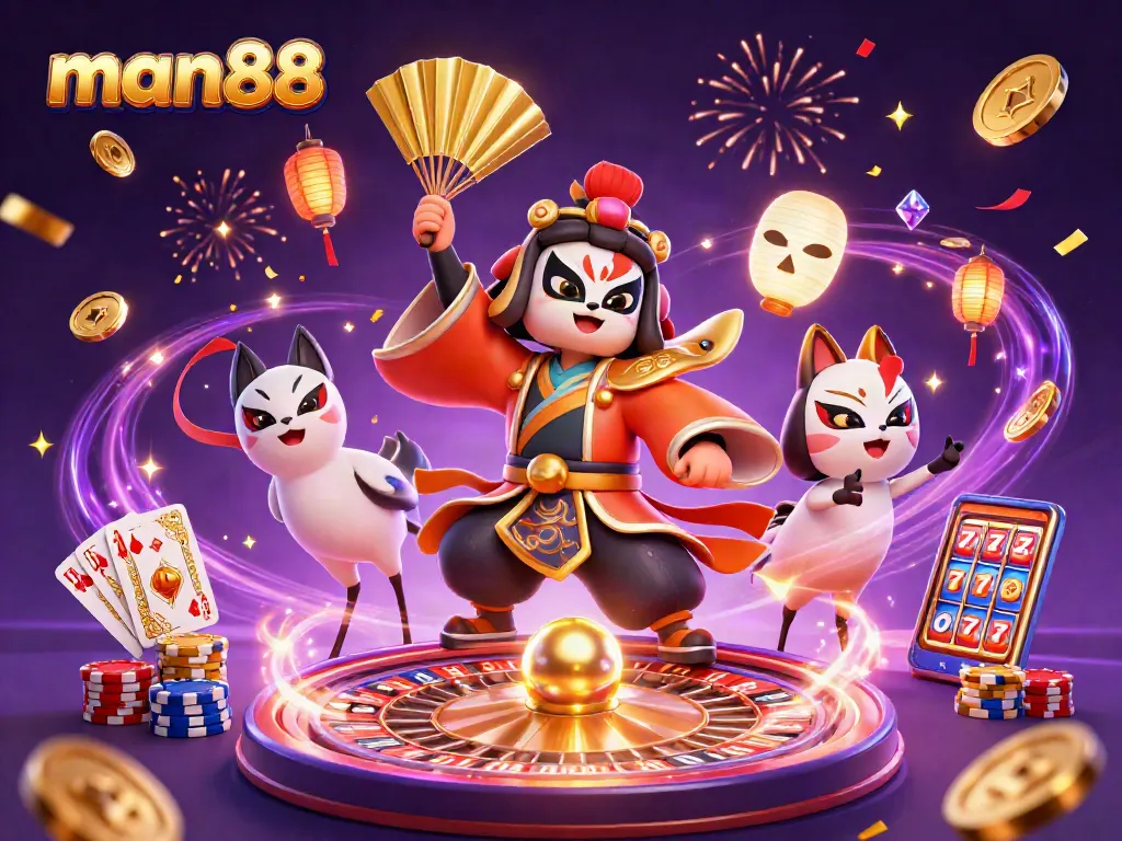 Experience the excitement of man88 with animated characters and vibrant casino elements.