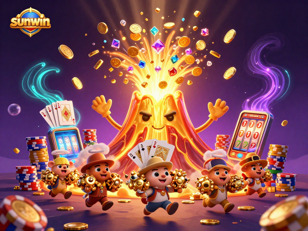 Enhance your chances with sunwin through a vibrant scene of a golden volcano erupting treasures.