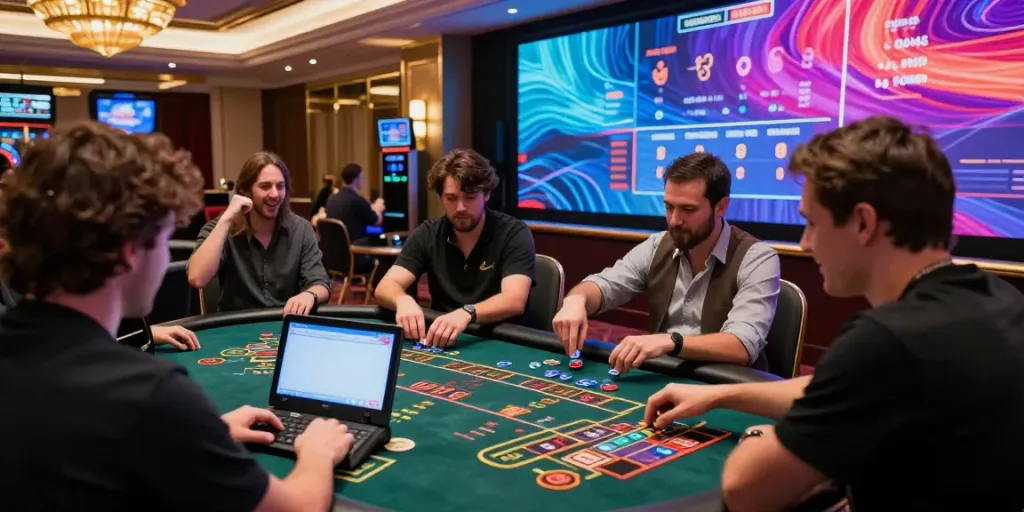 Exciting UK88 casino scene with players enjoying blackjack and poker in a high-tech environment.