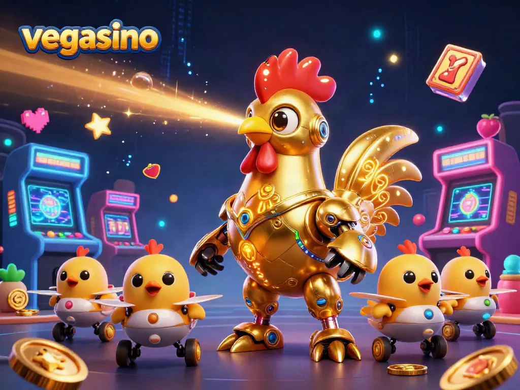 Experience Vegasino's thrilling action with a golden rooster robot and baby chick drones in an energetic gaming scene.