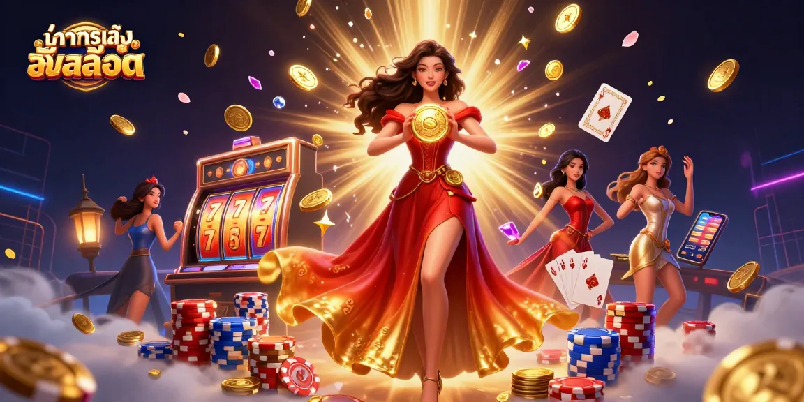 Engage in ทดลองเล่นสล็อต gaming with a glamorous Asian heroine amidst a vibrant casino scene.