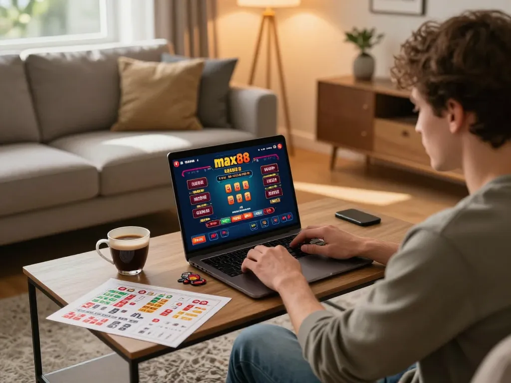 Engaging with max88 online gaming on a laptop in a cozy living room during a focused gambling session.