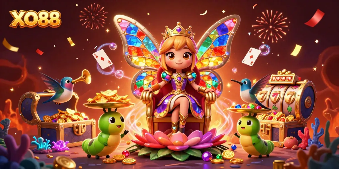 Excite your winnings at XO88 with this vibrant illustration featuring a butterfly queen and gaming elements.