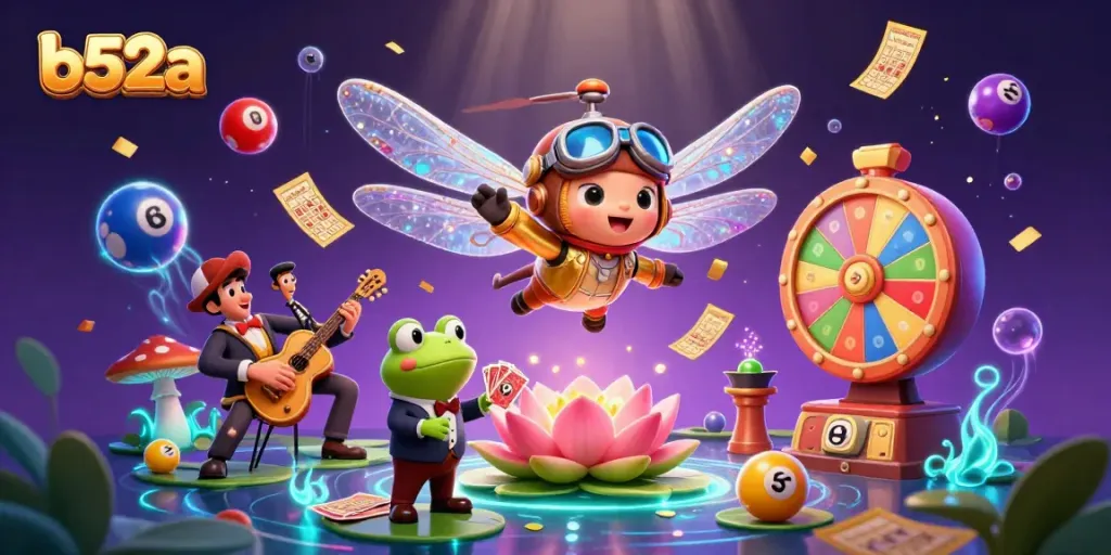 Experience vibrant casino action with b52a, featuring a dragonfly pilot and frog dealer in an enchanting scene.