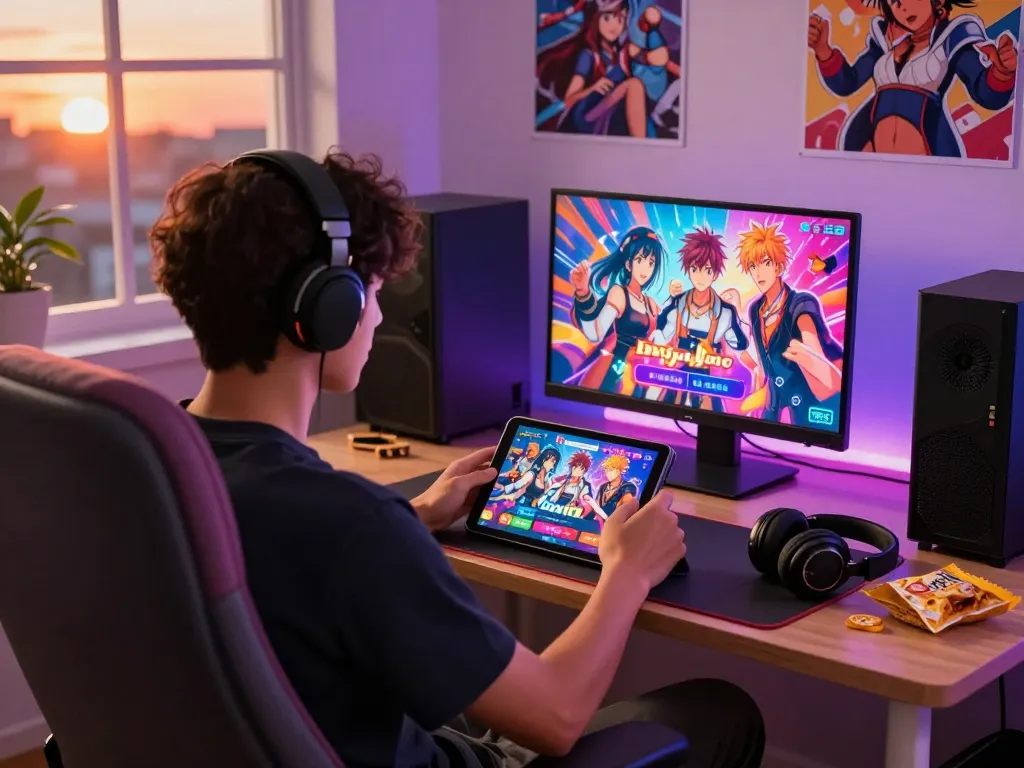Engaging gamer enjoying free mobile porn games on a tablet in a cozy room.