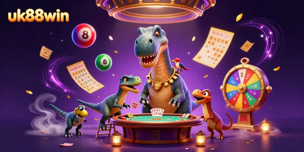 Experience the excitement of uk88win casino games with a vibrant 3D illustration featuring a dinosaur and dynamic gaming elements.