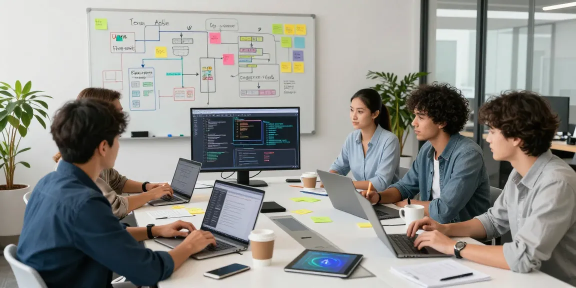 Team collaborating to build internal tools with AI in a modern office environment, showcasing teamwork and technology.