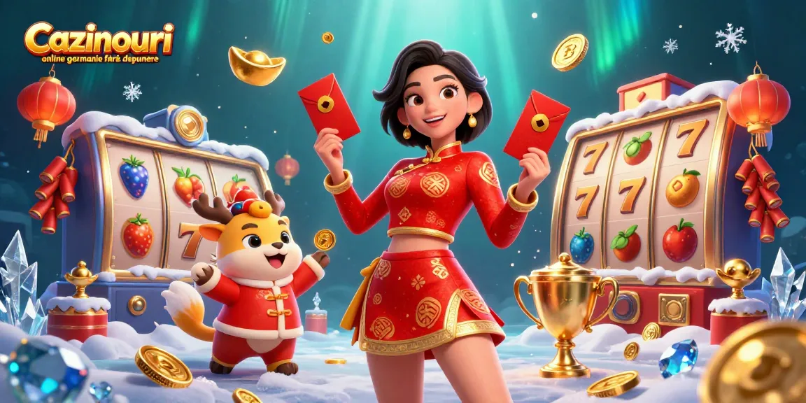 Cazinouri online germania fără depunere showcase featuring a vibrant scene with slot reels and lucky symbols, promoting online gaming excitement.