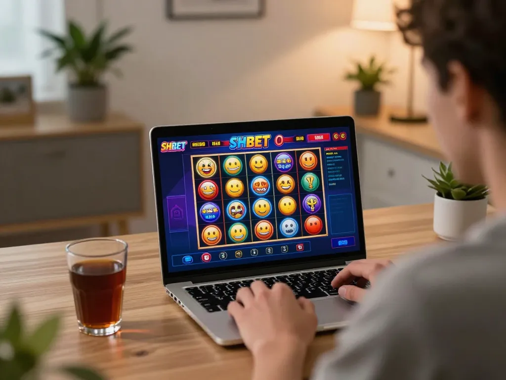 Enjoying SHBET online gaming session at home with vibrant slots on the screen