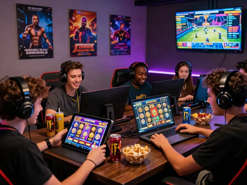 Players enjoying situs gacor slot games on various devices with colorful screens in a lively gaming hub.