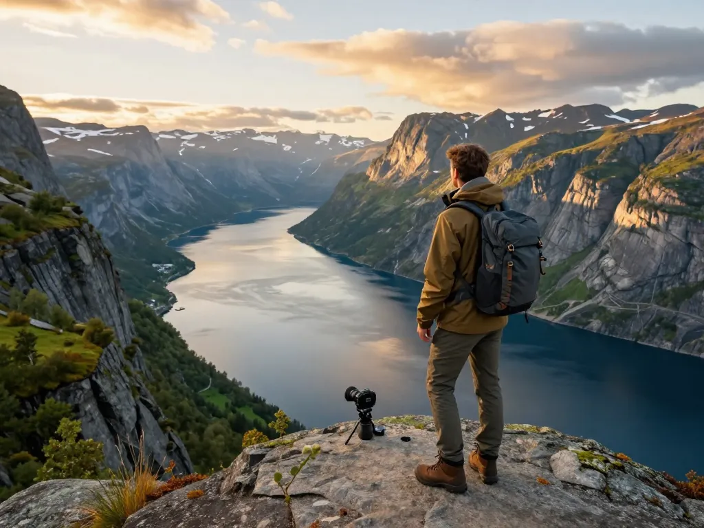 Skandinavien Reisetipps - Reisender genießt die malerischen Fjorde in Norwegen bei Sonnenuntergang und erfasst das Abenteuer.