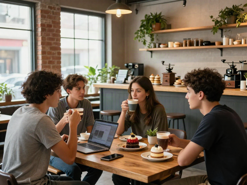 A lively gathering of friends enjoying drinks and desserts at the cafe rokok88.
