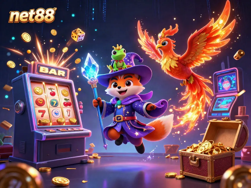 Experience the thrill of net88 with a magical gaming illustration featuring a wizard fox, phoenix, and exciting casino elements.