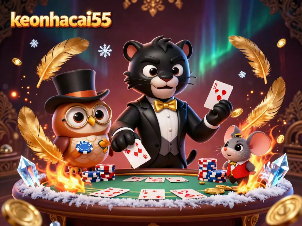 Engage with the keonhacai55 poker action featuring a tuxedoed panther dealing cards, surrounded by vibrant casino elements.