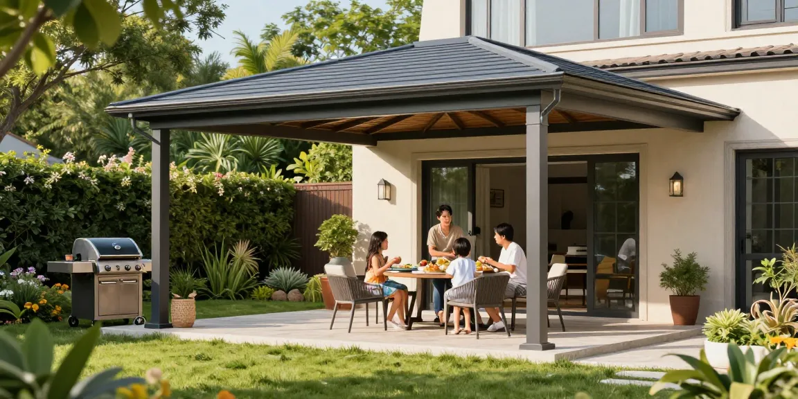 Terrassenüberdachung freistehend, Familie genießt sonnigen Nachmittag unter eleganter Überdachung im Garten.