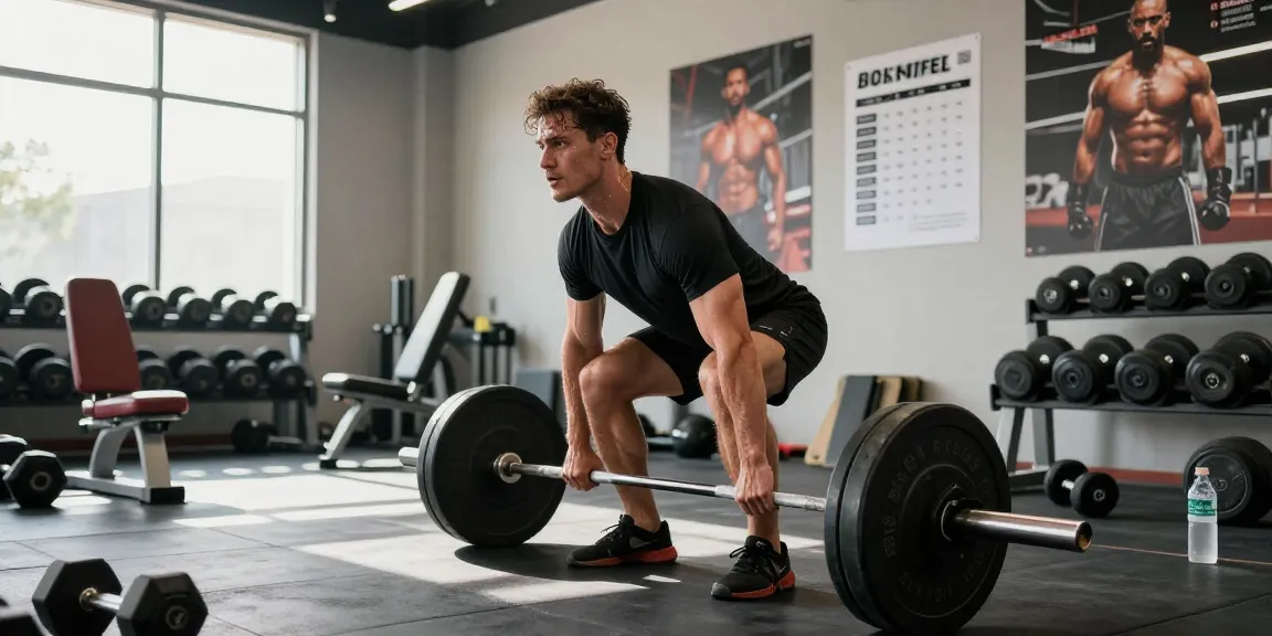 Mann hebt Gewichte in einem lebhaften Fitnessstudio und zeigt Prime Pharma Steroide für effektive Fitnessziele.