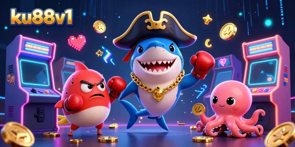 Experience exciting gaming at ku88v1 with whimsical pirate characters and arcade elements.