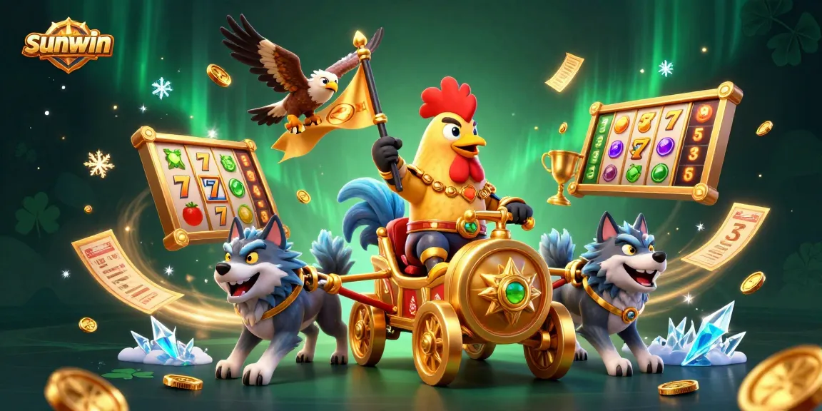 Experience excitement at sunwin with a dynamic 3D illustration featuring a rooster warlord and gambling elements.
