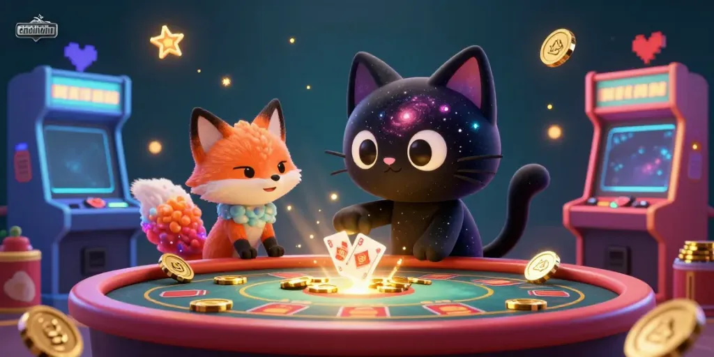 Experience thrilling gameplay at Choinohu, where a cosmic cat and fox navigate a vibrant casino environment.