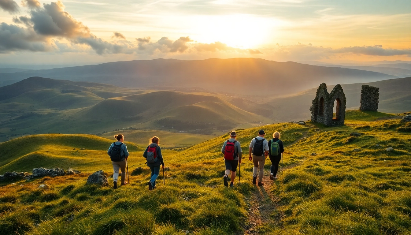 Eine aktive Wandergruppe auf ihrer Wanderreise Irland in den malerischen irischen Hügeln.