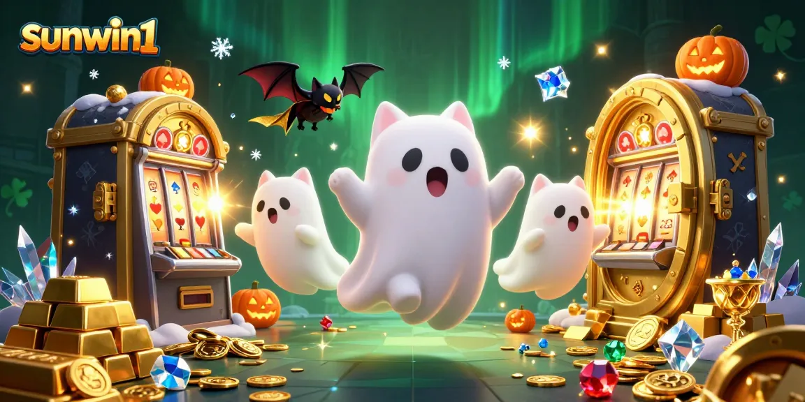 Play exciting slots at sunwin1, featuring a mystical casino scene with a friendly ghost cat.