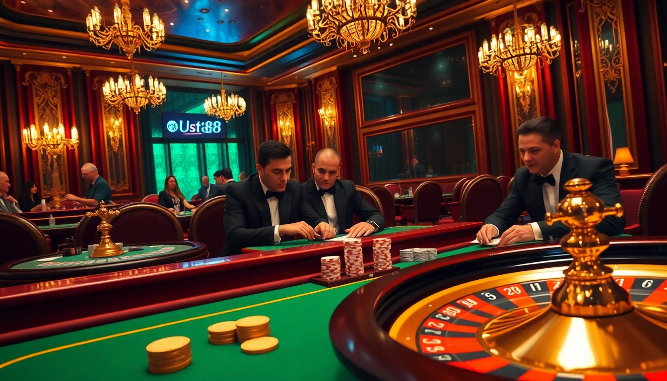 Players enjoying an intense poker game at U88 casino table with vibrant decor.