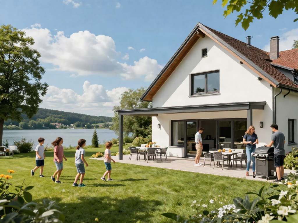 Immobilien Starnberg: Moderne Immobilie mit Familie im Garten und Blick auf den See.