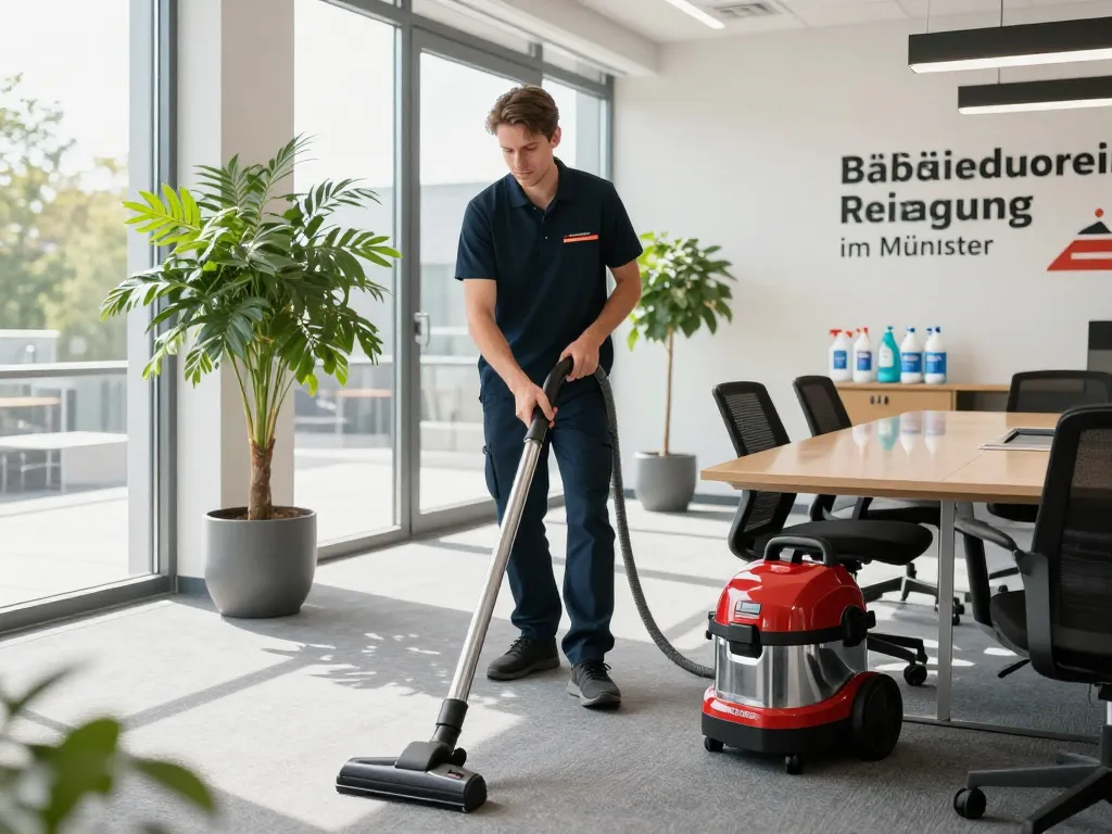 Sauberes Büro, das Gebäudereinigung im Raum Münster zeigt, mit professionellem Reinigungsservice in Aktion.