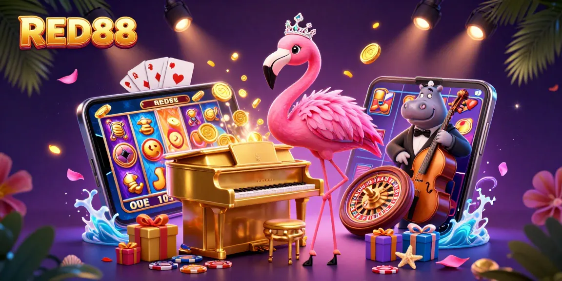 Bet on RED88 with vibrant casino-themed art featuring exciting games and lively characters.
