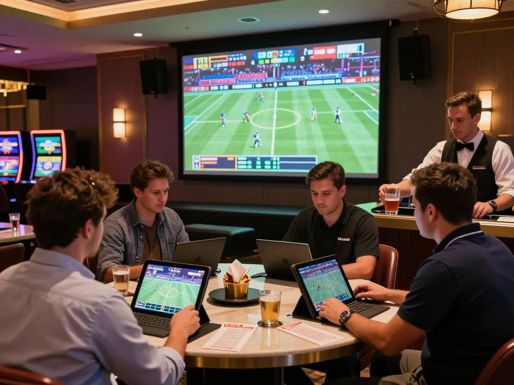 FIVE88 bettors strategizing in an upscale sports lounge with large screens and lively ambiance