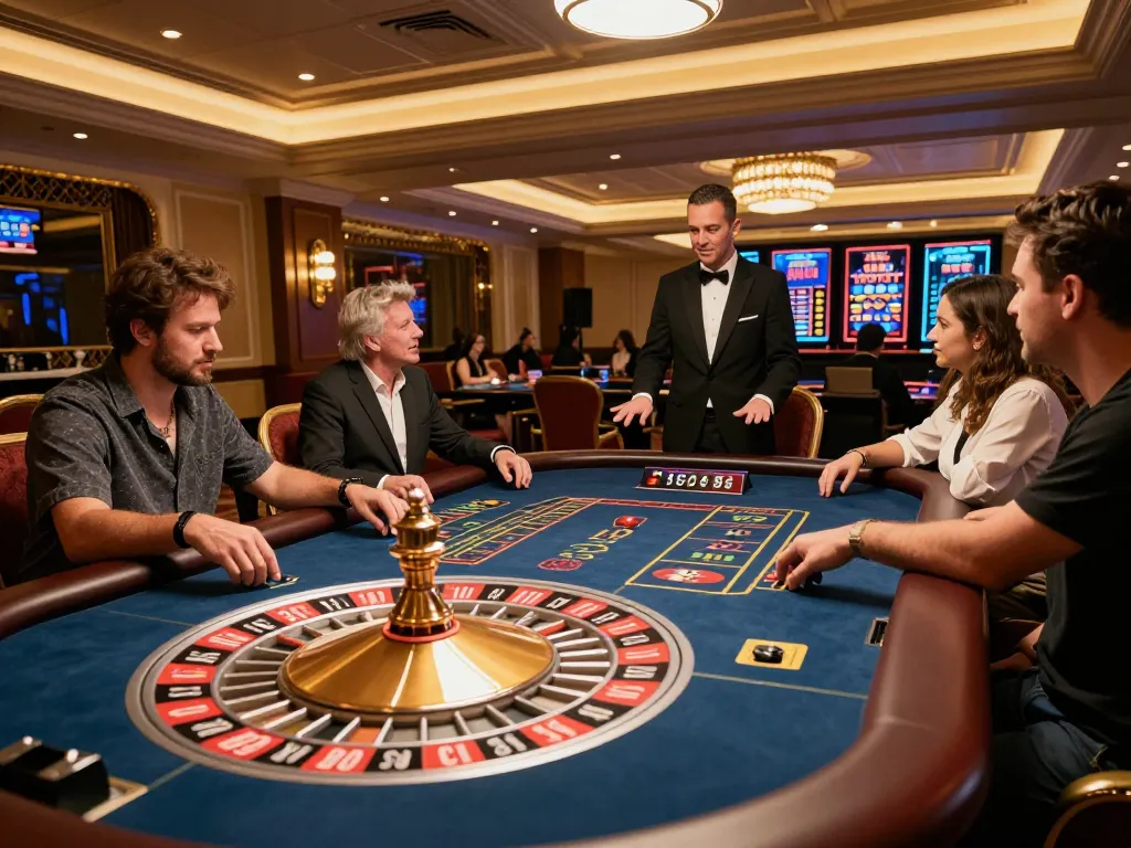 Players enjoying live roulette at lucky88s casino, vibrant decor enhances the excitement.