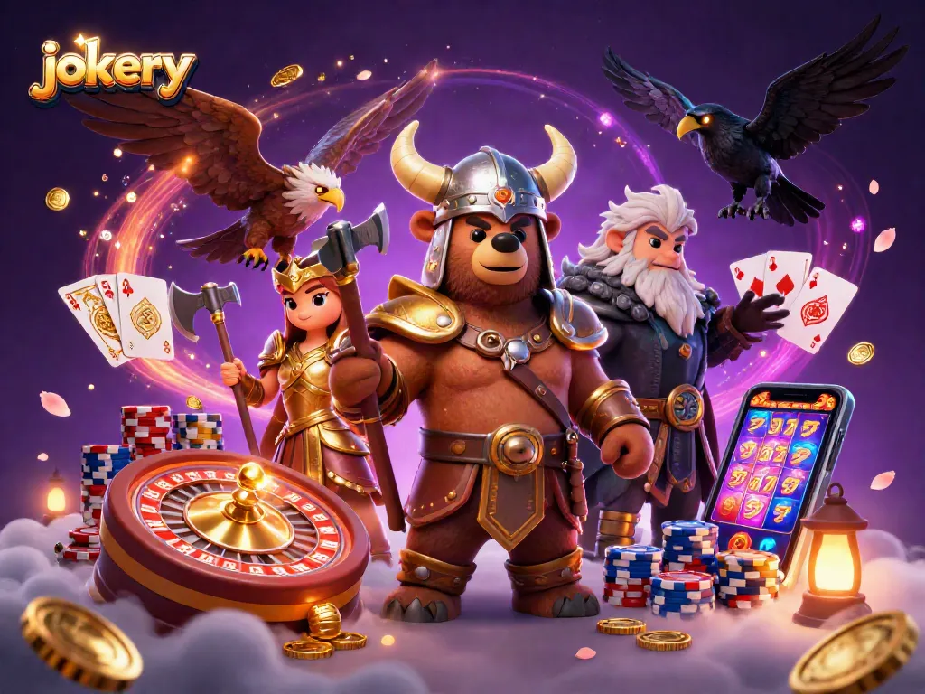 Engage in thrilling gameplay at Jokery casino with a vibrant Viking and Valkyrie surrounded by coins and cards.